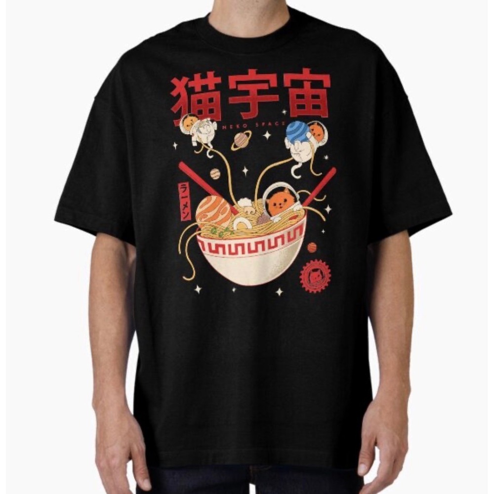 Threadless Neko Space Ramen Cat Astronaut Mens Black Graphic T-Shirt‎ Medium